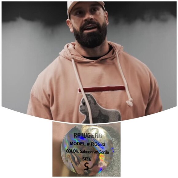Raw Gear Adut Sz S Sweatshirt Salmon Cotton Gorilla Pocket Hoodie Drawstring NWT - Picture 3 of 8